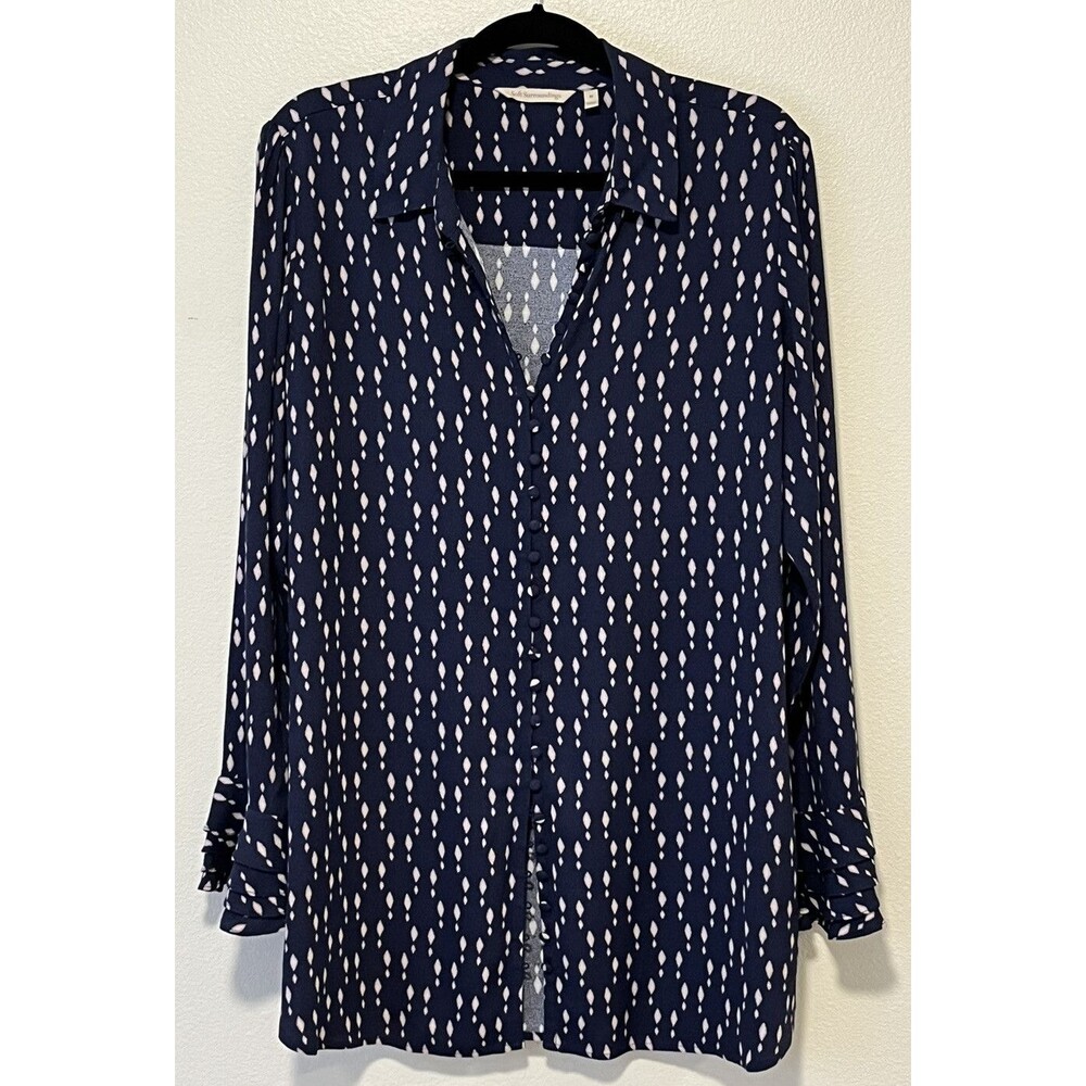 Soft Surroundings Button Down Tunic Top Size Medium Navy With Tan Diamond Design